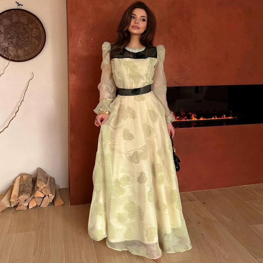 Forever 21 Elegant French Round-Neck Long-Sleeve High-Waist Maxi Dress Summer